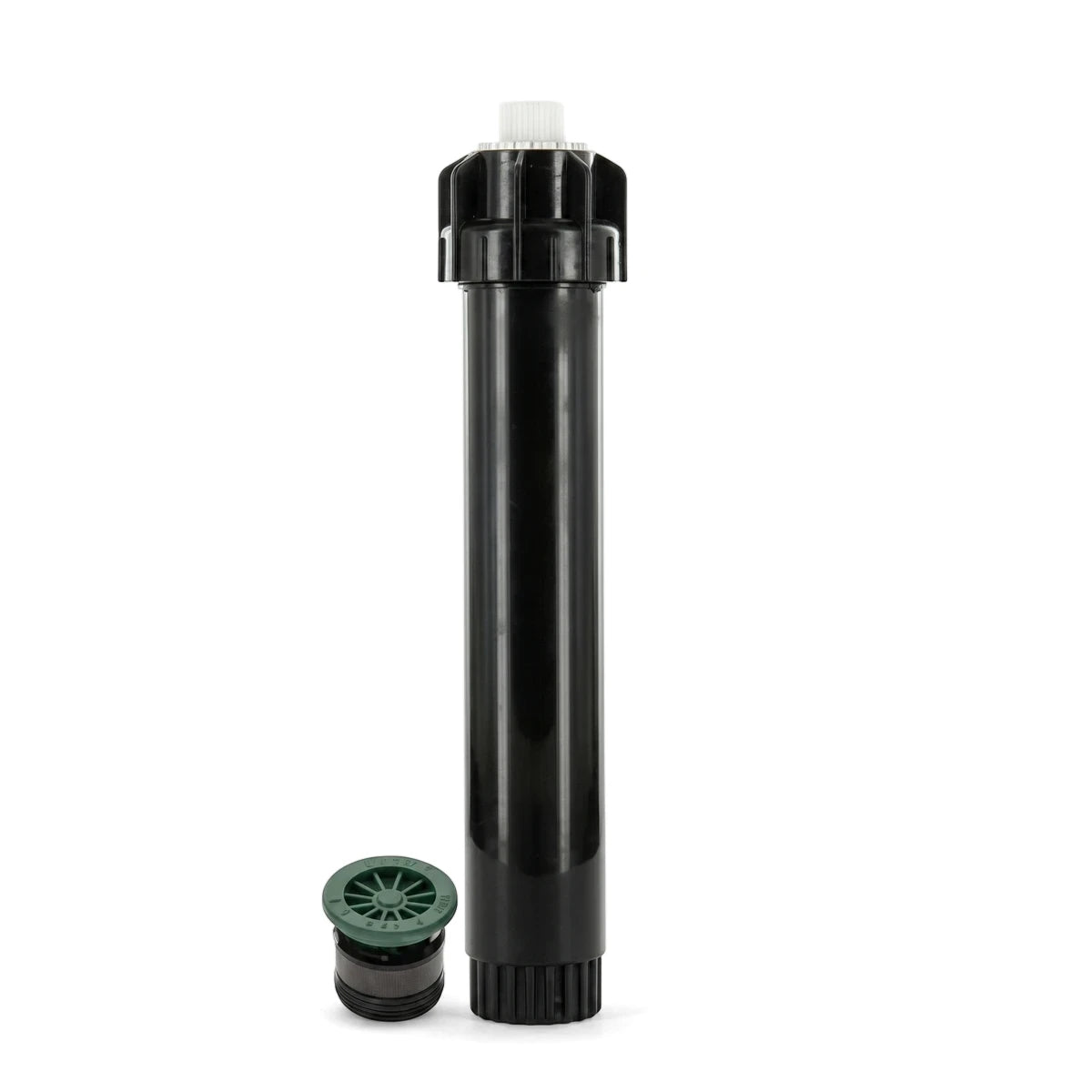 A black Hunter PSU-12A Ultra Pop-Up Sprayer with a white top and a green 1/2" BSP nozzle, shown vertically on a white