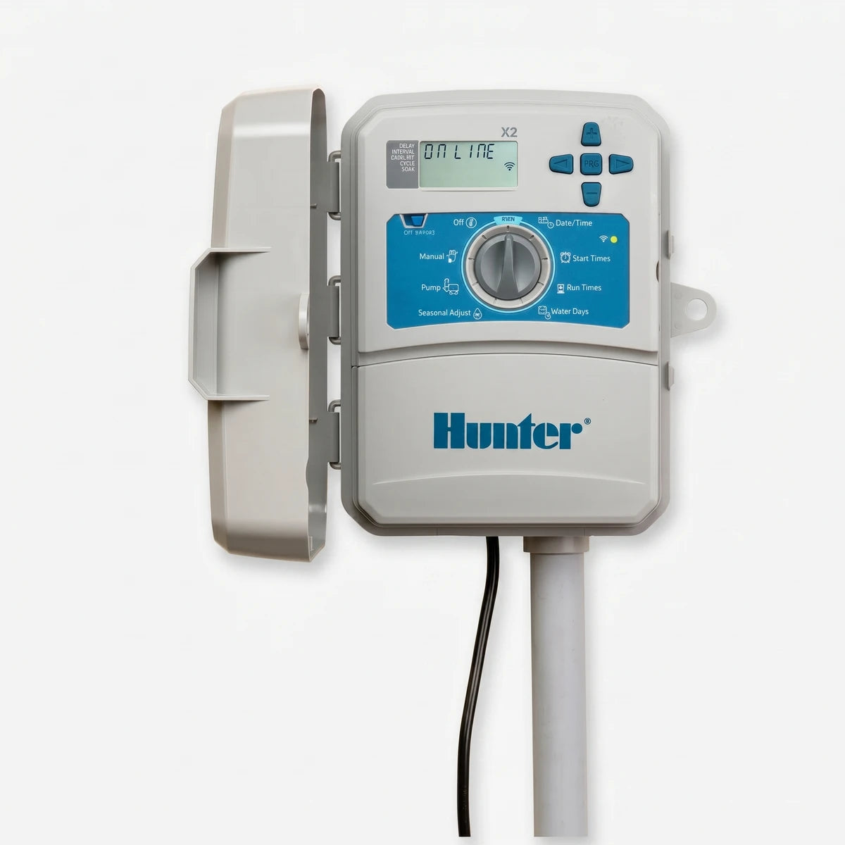 Hunter X2 14-station outdoor irrigation controller in white and gray, shown from an angled view with its protective cover