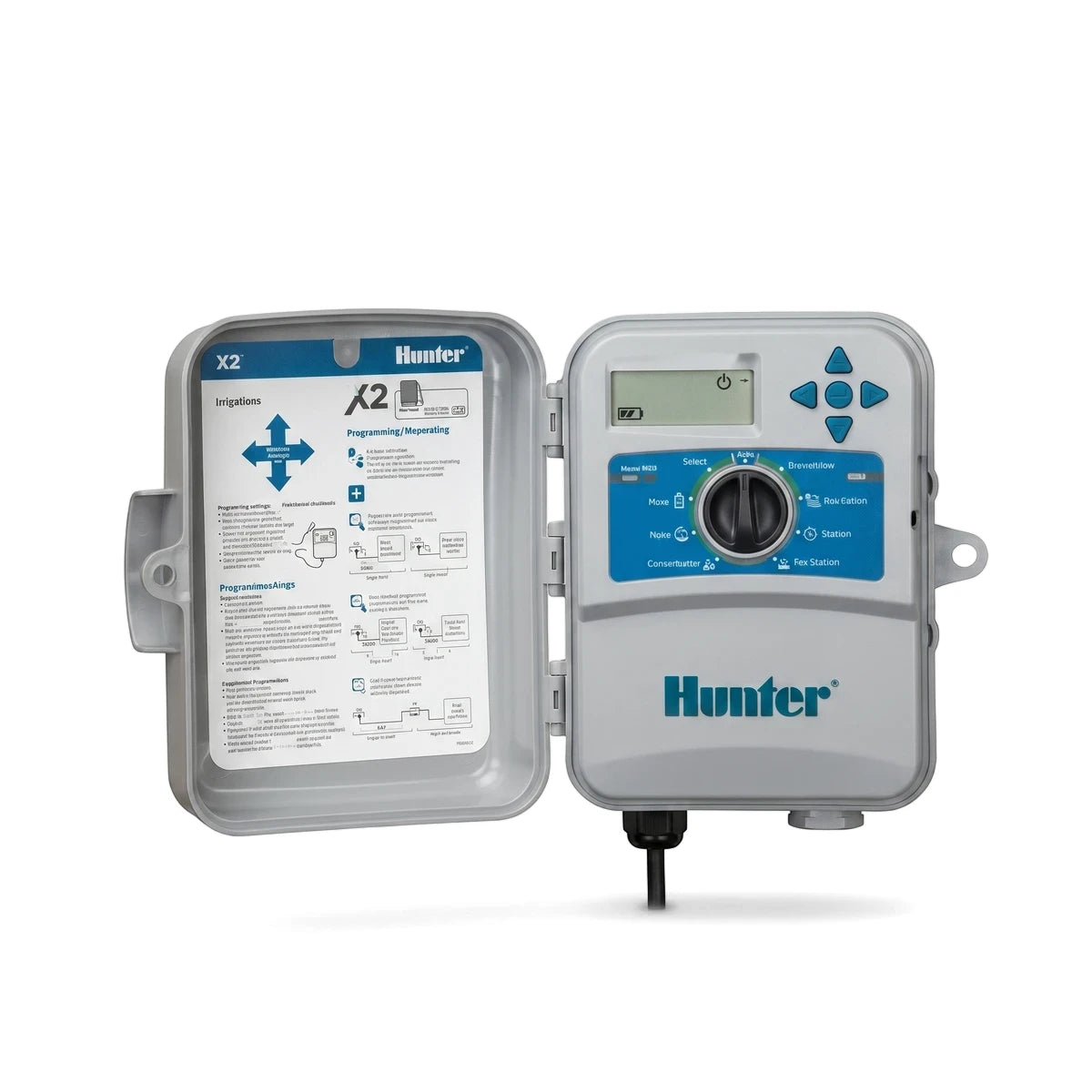 Hunter X2 4-Station Outdoor Irrigation Controller, gray and blue, shown open with internal controls visible.