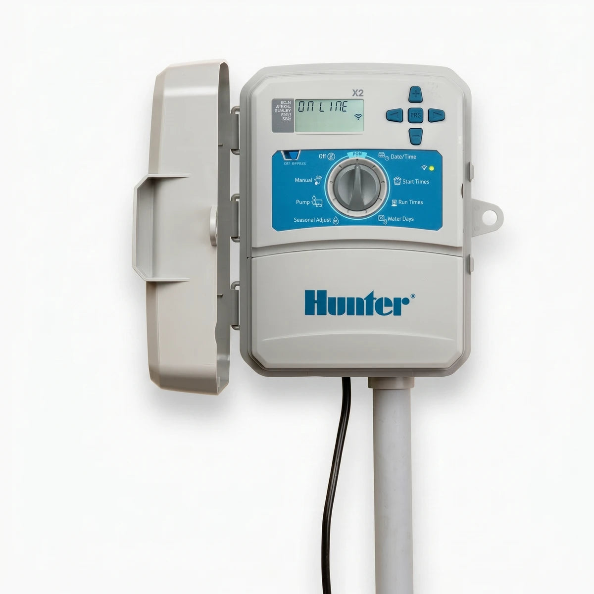 Hunter X2 6-Station Outdoor Irrigation Controller in white and gray, shown from the front with its protective cover open and