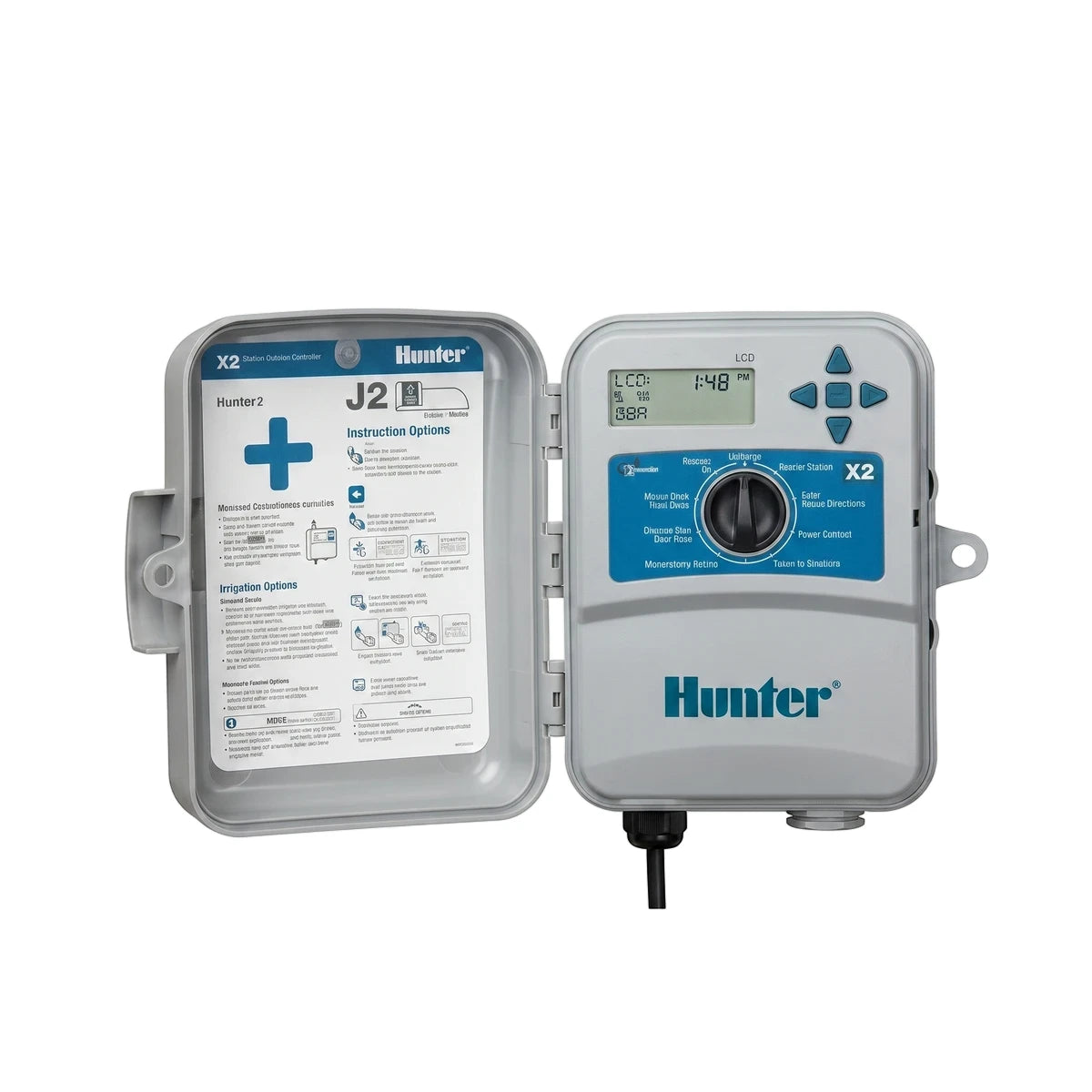 Hunter X2 8-Station Outdoor Irrigation Controller, grey with blue accents, displayed open to show its control panel and