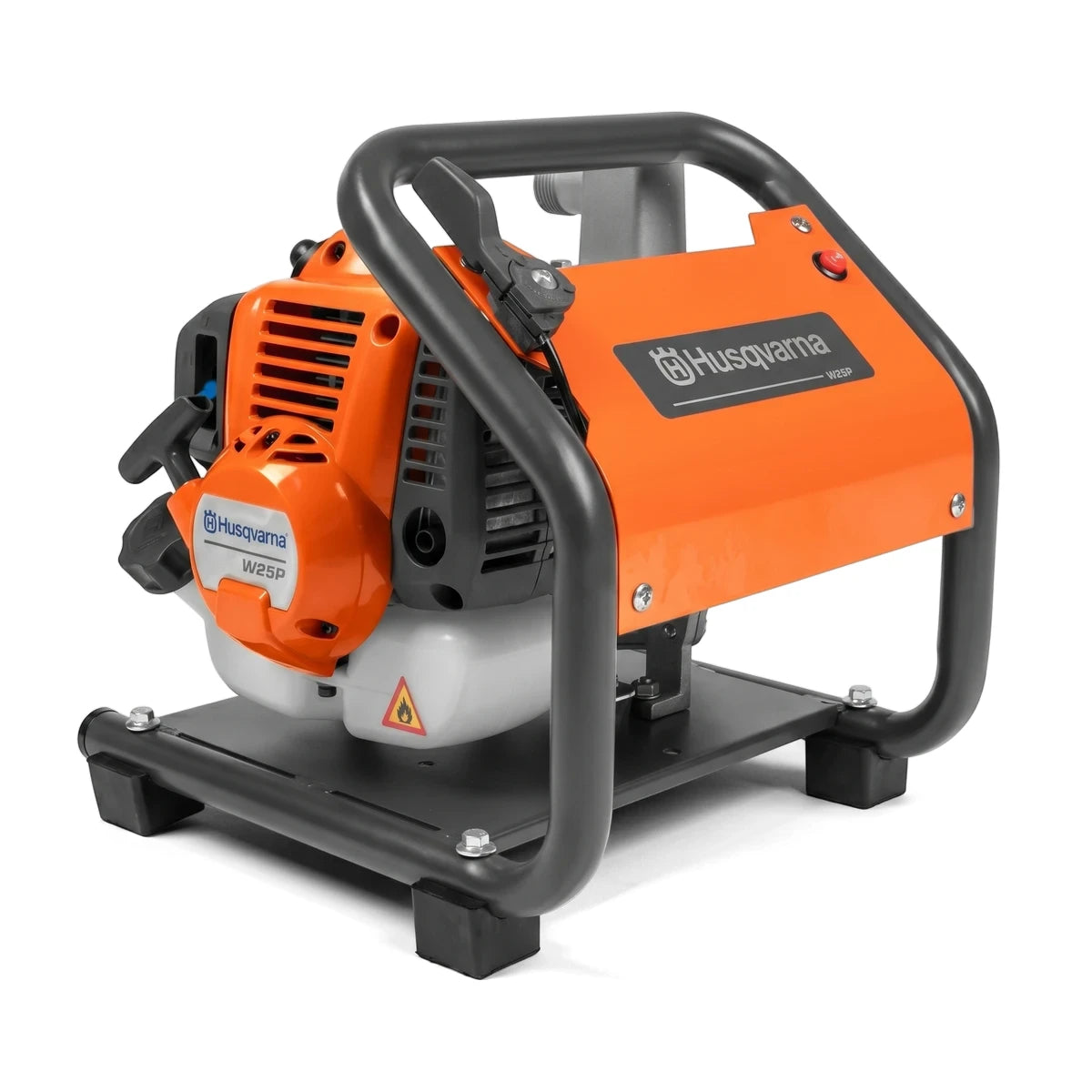 Portable Husqvarna W25P 2-Stroke Petrol Water Pump, 1-inch (25mm), in orange and black, shown from a front-right angle.