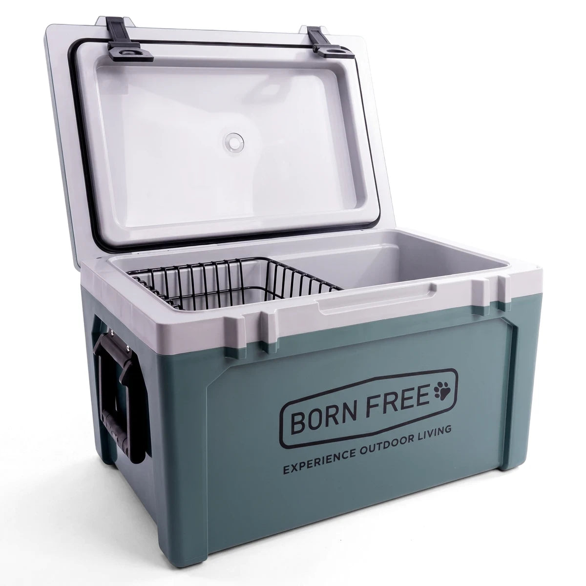 Icetrek 50 Litre Cooler Box in teal and white, shown with the lid open revealing an internal wire basket.