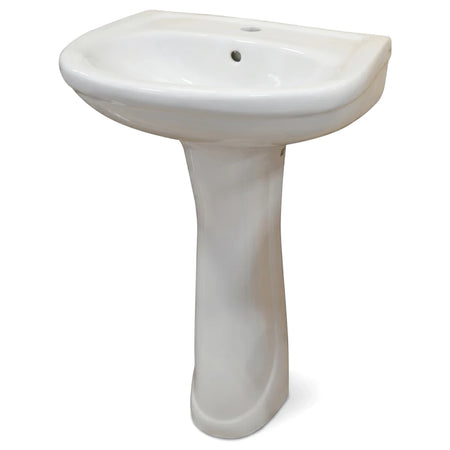 White ceramic pedestal basin and stand combo, featuring a single faucet hole and an overflow drain. View of a modern