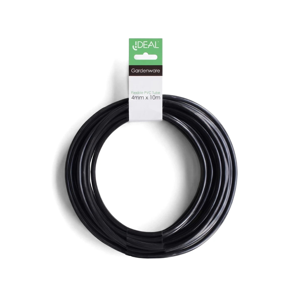 Black Ideal Gardenware Flexible PVC Micro Sprinkler Tube, 4mm x 10m, coiled in its packaging on a white background.