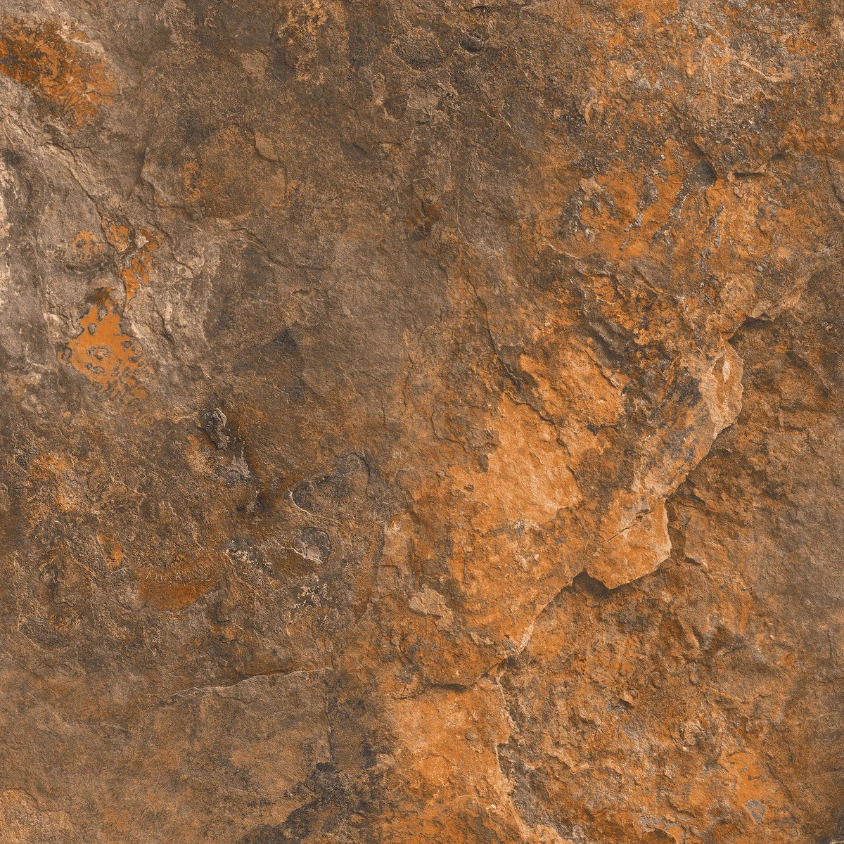 Closeup of Ikapa Brown 40x40cm natural stone tile with rough texture and multi-toned brown, orange, and dark grey colors.