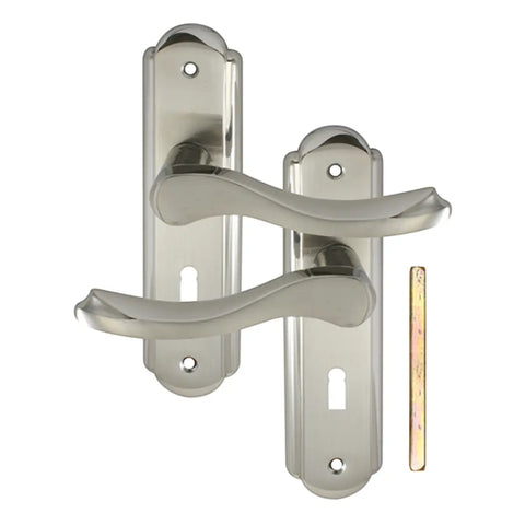 brushed nickel lockset with two curved lever handles on backplates, includes strike plate and spindle