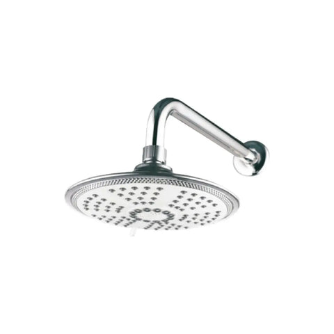 Blu-Motion chrome shower head with curved arm mounted to wall