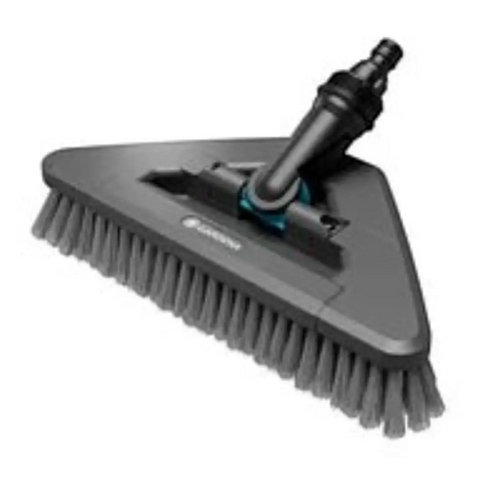 Gardena water connected flex handle brush head with grey bristles and a blue connector