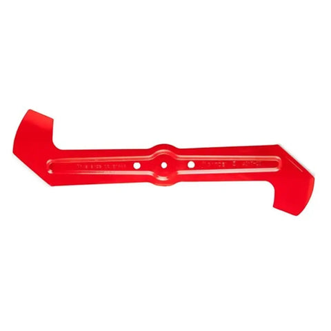 red blade bar for a lawn mower with central mounting hole and curved ends against a white background