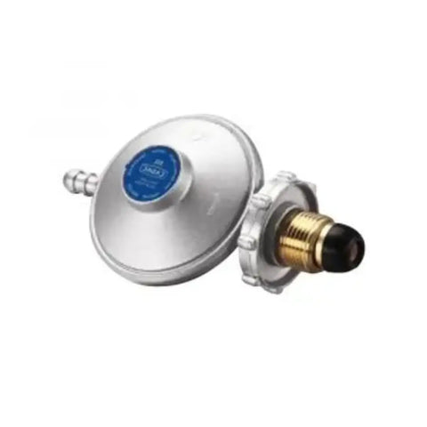 cadac bullnose regulator with round silver body brass connector and blue dial