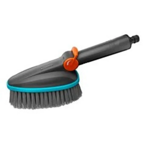 gardena oval hand brush with grey body, black handle, orange dial and blue ring around bristles