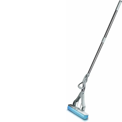 Addis mop with long silver metal handle and blue cleaning head.
