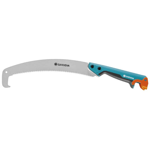 curved hand saw with blue and grey handle and orange hand guard, serrated steel blade with Gardena logo