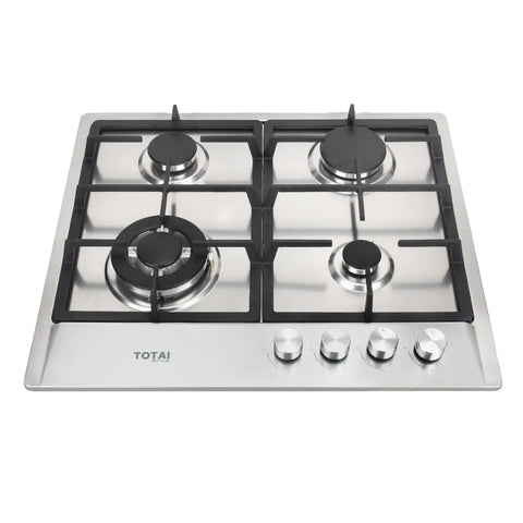 Totai four burner stainless steel gas hob with black pan supports and chrome control knobs