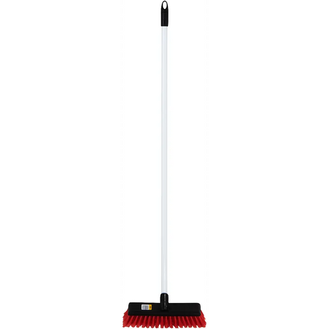 Addis broom with long white handle and red wide bristle head