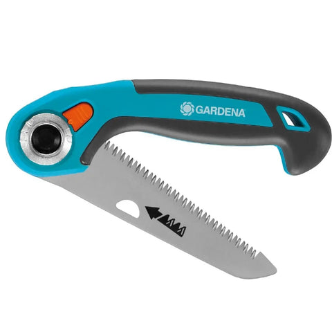 Gardena folding saw with blue and black ergonomic handle and serrated blade