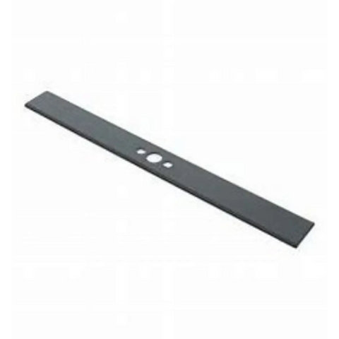 gray mower blade with three round holes along its length
