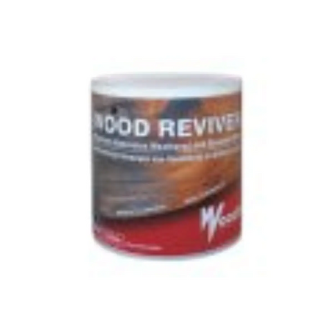 cylindrical container with a Woodoc wood reviver label in brown, orange, and red hues