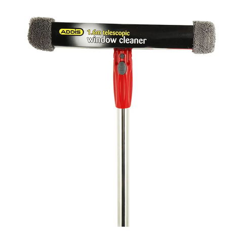 addis window squeegee with red handle and extendable chrome rod, black label reading one point six metre telescopic window
