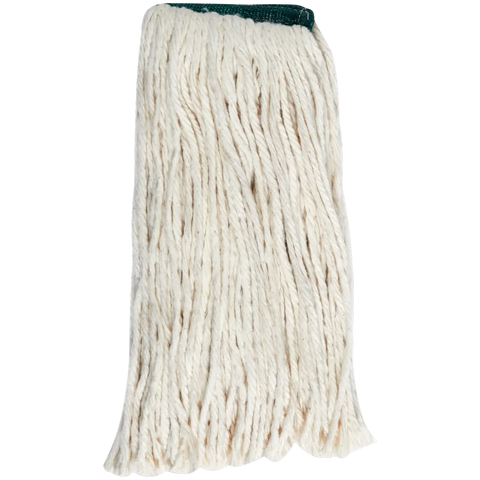 white cotton mop head with a green top band