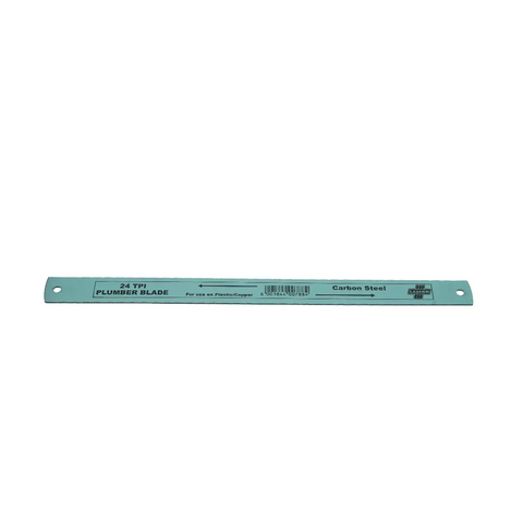 teal plastic ruler labeled plumber blade with carbon steel and Lasher branding, with holes at either end.