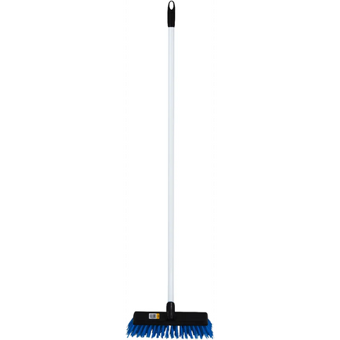 Addis broom with long white handle and blue stiff bristles black head and end cap