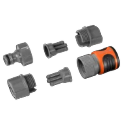 Gardena sprinkler hose connection set with several gray plastic fittings and an orange ring