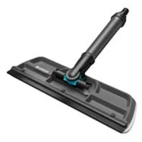 Gardena window squeegee with long grey handle and blue connector