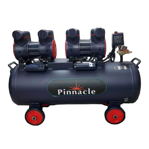 Pinnacle air compressor with two pump units on a dark blue horizontal tank and red wheels