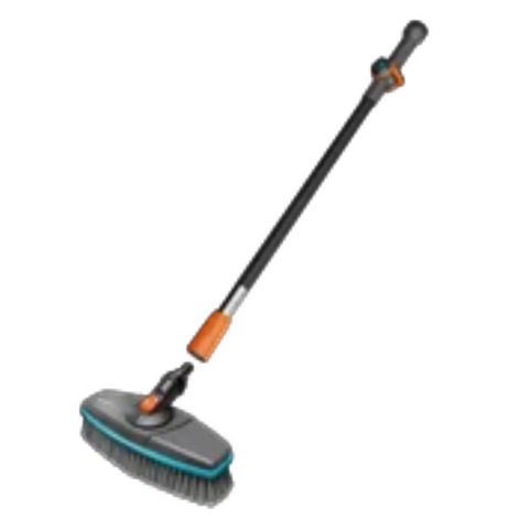 Gardena cleansystem wash brush with long grey handle, orange grip, and blue edged brush head