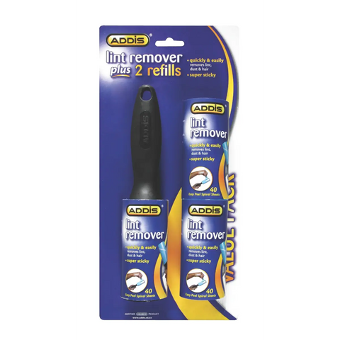addis lint remover starter pack with black plastic handle and two refill cartridges