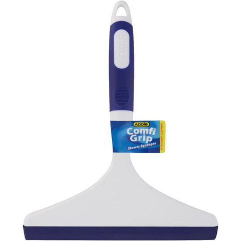 purple and white shower squeegee with hanging loop and wide white blade