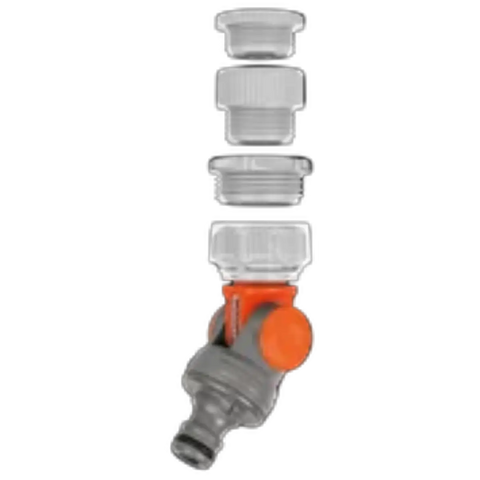 Gardena angled tap connector with orange knob and white adapters