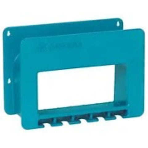 blue Gardena wall bracket with open centre and five small hooks along the bottom