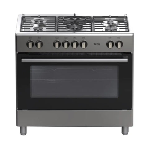 totai stainless steel gas stove with five burners and a large oven door