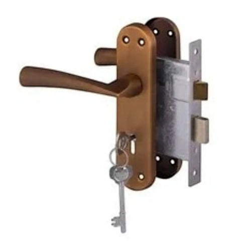 yale three lever lockset in bronze finish with key on ring and exposed latch mechanism