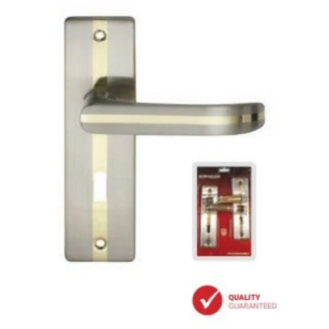 samson three lever eight inch door handle lockset with a brushed silver finish and gold accent plate