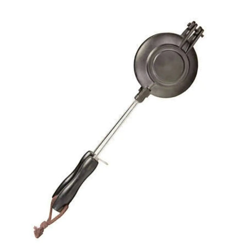cadac jaffle iron with two round metal plates on a long chrome handle and black grip