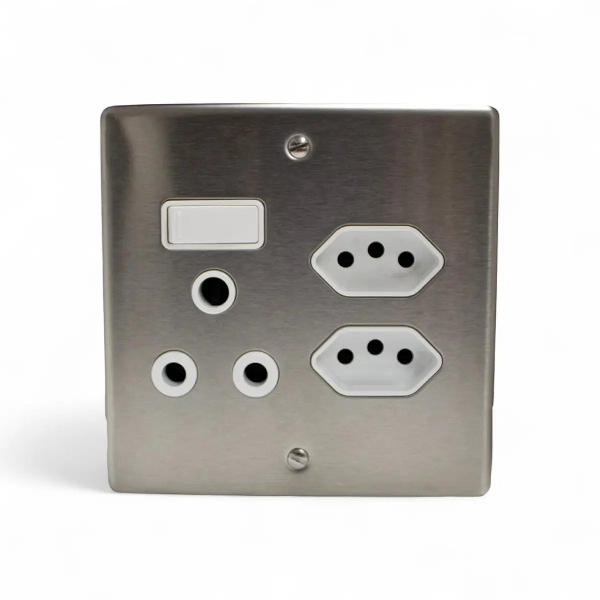 Lesco Switch Socket 100X100Mm S/Steel Wht 3P+2Xeuro Switch Socket