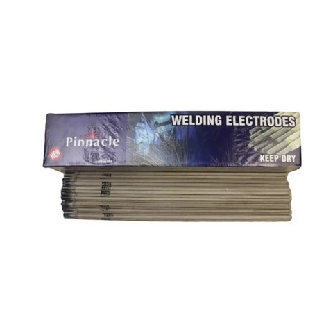 pinnacle welding electrodes in a blue box labeled keep dry with a stack of beige rods