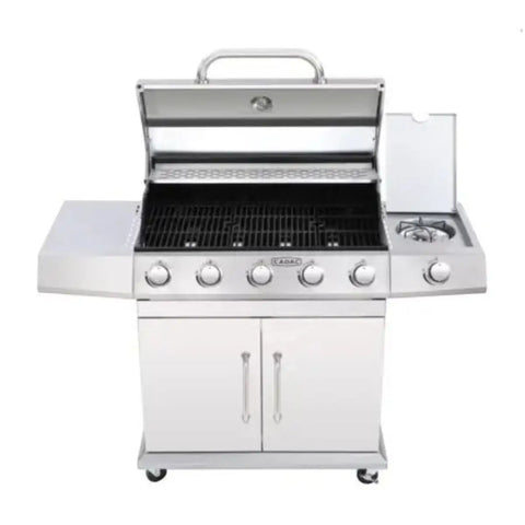 Cadac five burner stainless steel gas braai with side burner and lower cabinet on wheels, lid open.