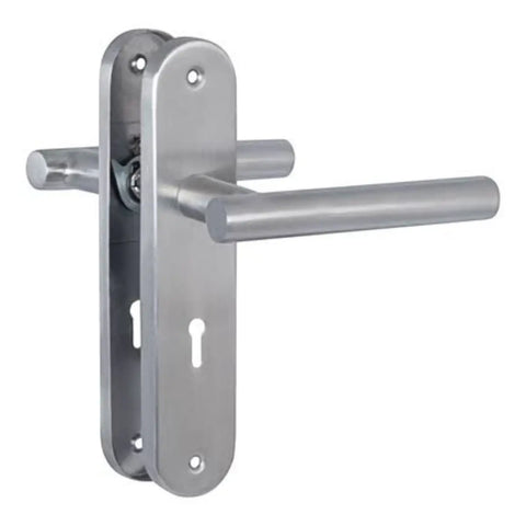 yale straight stainless steel door handle on a long backplate with keyhole slots