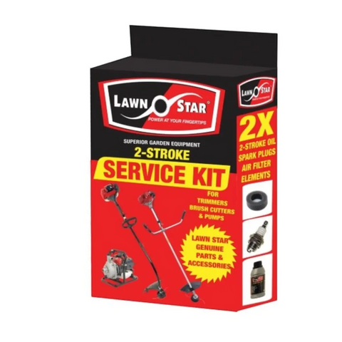 Lawnstar two stroke service kit box in red and black featuring trimmers and accessories