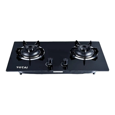 Totai glass gas hob with two burners and central control knobs on a black surface