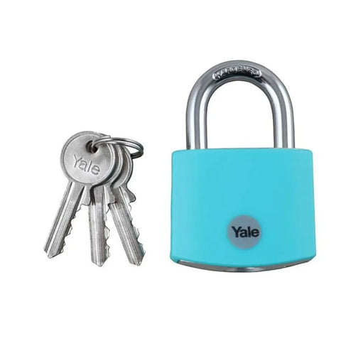 teal aluminium padlock with a silver shackle and a set of Yale keys