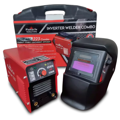Pinnacle gene arc 223 inverter welder with red welding unit and protective mask against a product box