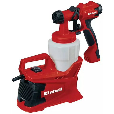 Einhell paint spray system with red and black body and a white container