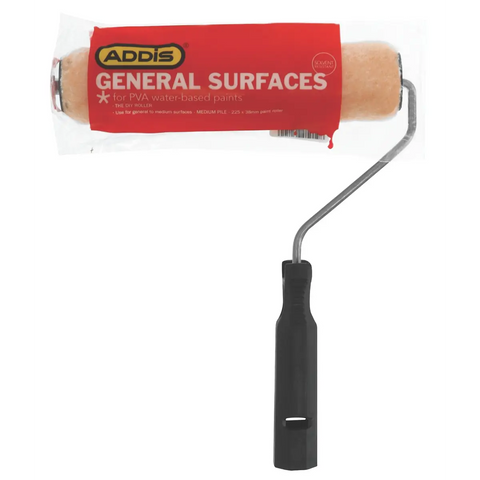 addis general surfaces paint roller with orange foam cover on metal frame and black handle