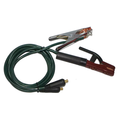 Pinnacle welding cable kit consisting of a long green cable with metal alligator clamps and dual plug ends.
